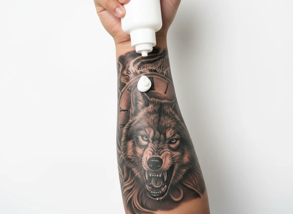 Applying fragrance-free lotion to healing tattoo — tattoo aftercare moisturizing